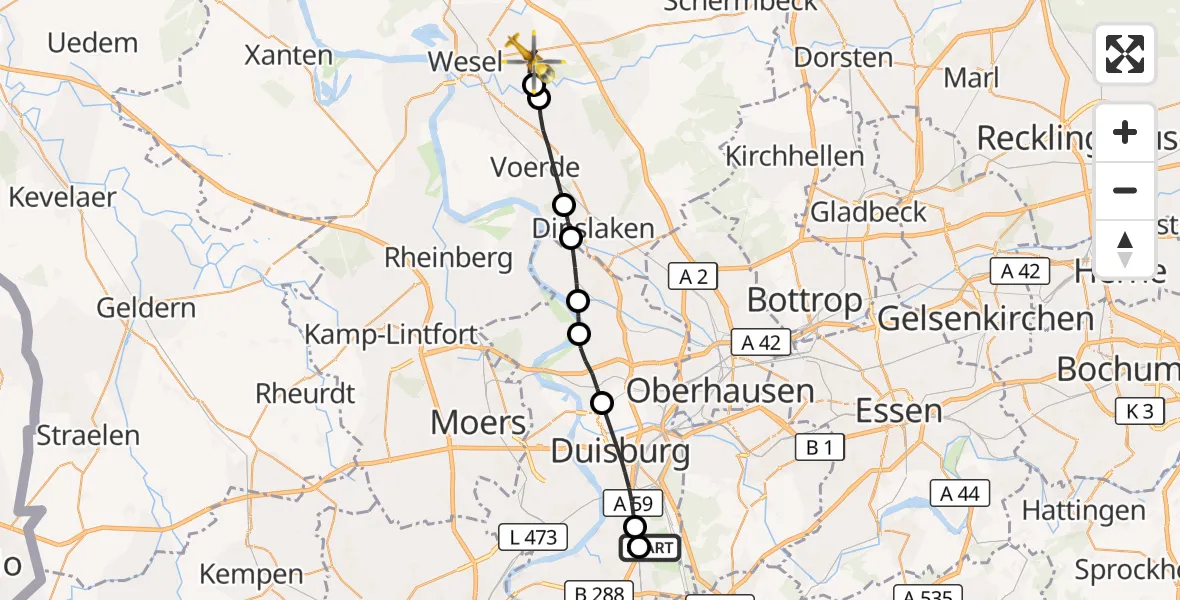 Flugroute Rettungshubschrauber Duisburg Air Rescue Heliport (Christoph 9) - Wesel, 10 März 2026, 16:55