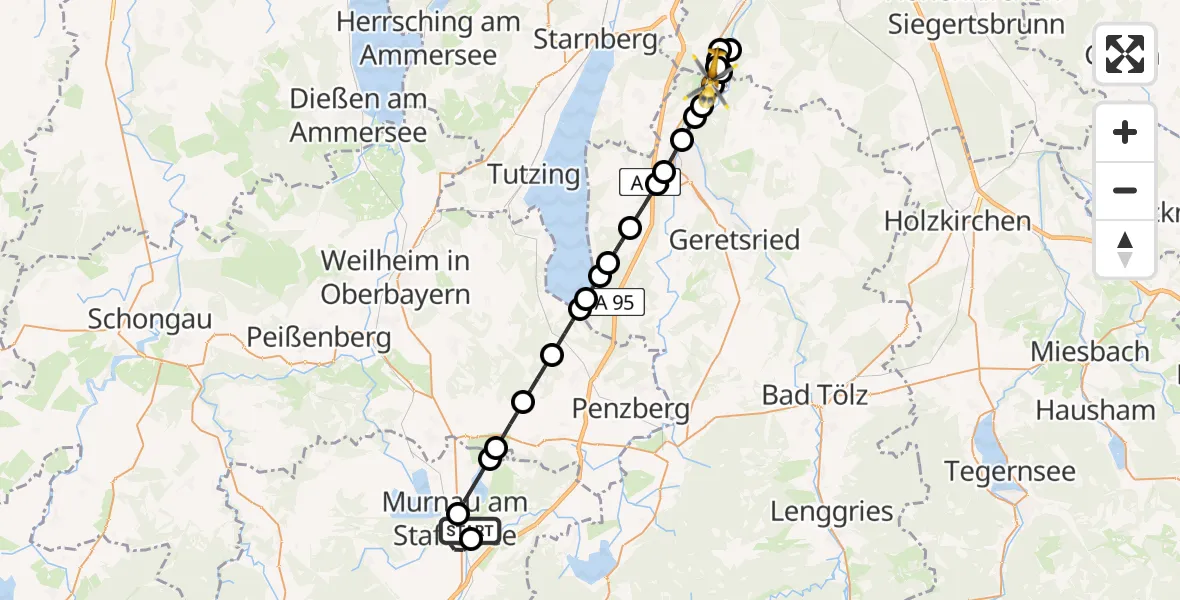 Flugroute Rettungshubschrauber Murnau Accident Hospital - Ebenhausen, 10 März 2026, 16:55