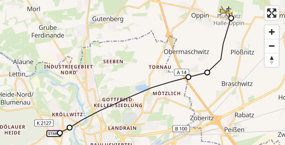 Flugroute Ambulanzhubschrauber Halle (Saale) University Hospital - Halle-Oppin Airfield, 10 März 2026, 17:02