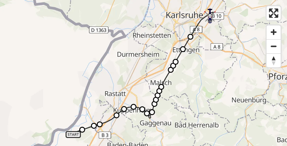 Flugroute Polizeihubschrauber Karlsruhe Baden-Baden Airport - Karlsruhe, 10 März 2026, 17:09