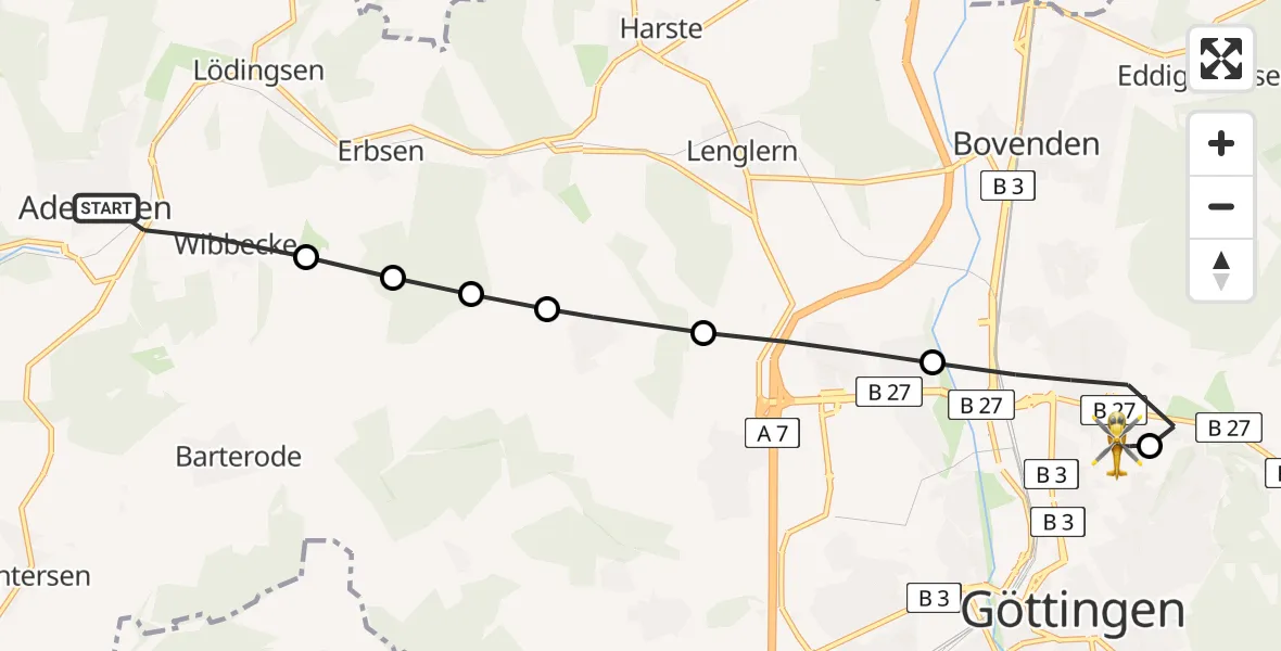 Flugroute Rettungshubschrauber Adelebsen - Göttingen University Clinic Heliport, 10 März 2026, 17:16