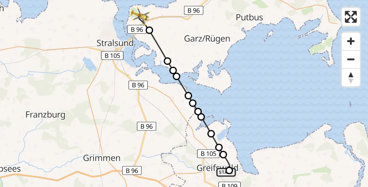 Flugroute Rettungshubschrauber Greifswald Hospital - Rambin, 10 März 2026, 17:25