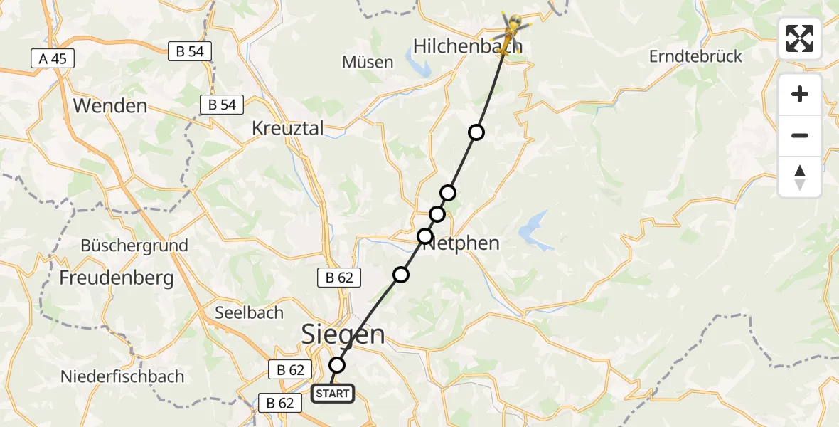 Flugroute Rettungshubschrauber Evangelisches Jung-Stilling Hospital - Hilchenbach, 10 März 2026, 17:26