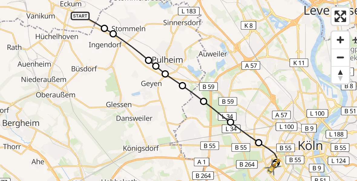 Flugroute Rettungshubschrauber Rommerskirchen - Köln University Hospital, 10 März 2026, 17:26