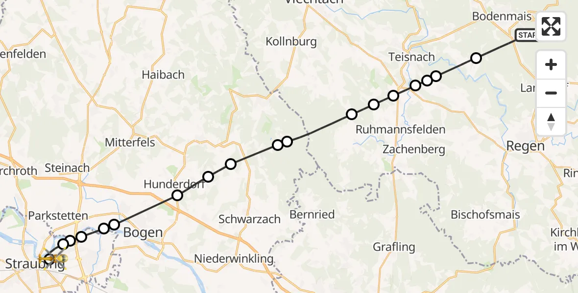 Flugroute Rettungshubschrauber Bodenmais - Sankt Elisabeth Hospital Straubing, 10 März 2026, 17:26