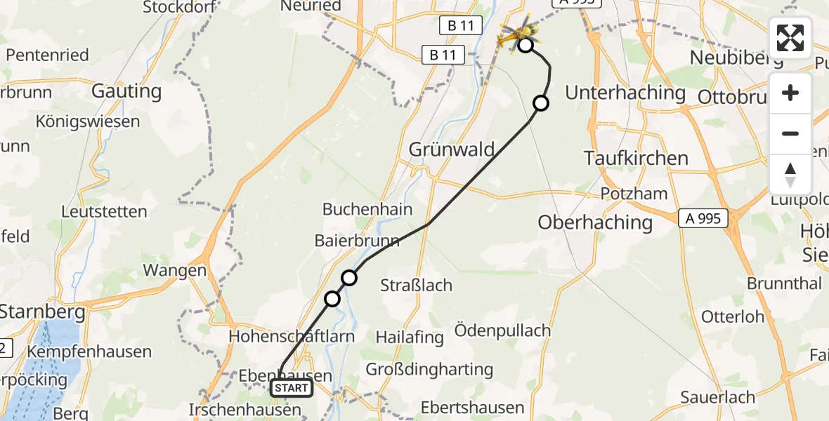 Flugroute Rettungshubschrauber Ebenhausen - ADAC Air Rescue Center Heliport (Christoph 1), 10 März 2026, 17:32