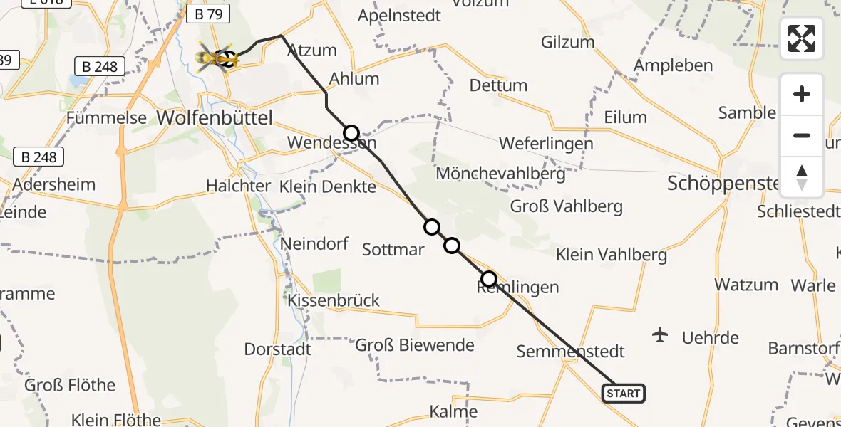 Routekaart van de vlucht: Rettungshubschrauber nach Wolfenbüttel Municipal Hospital Heliport (Christoph 30)
