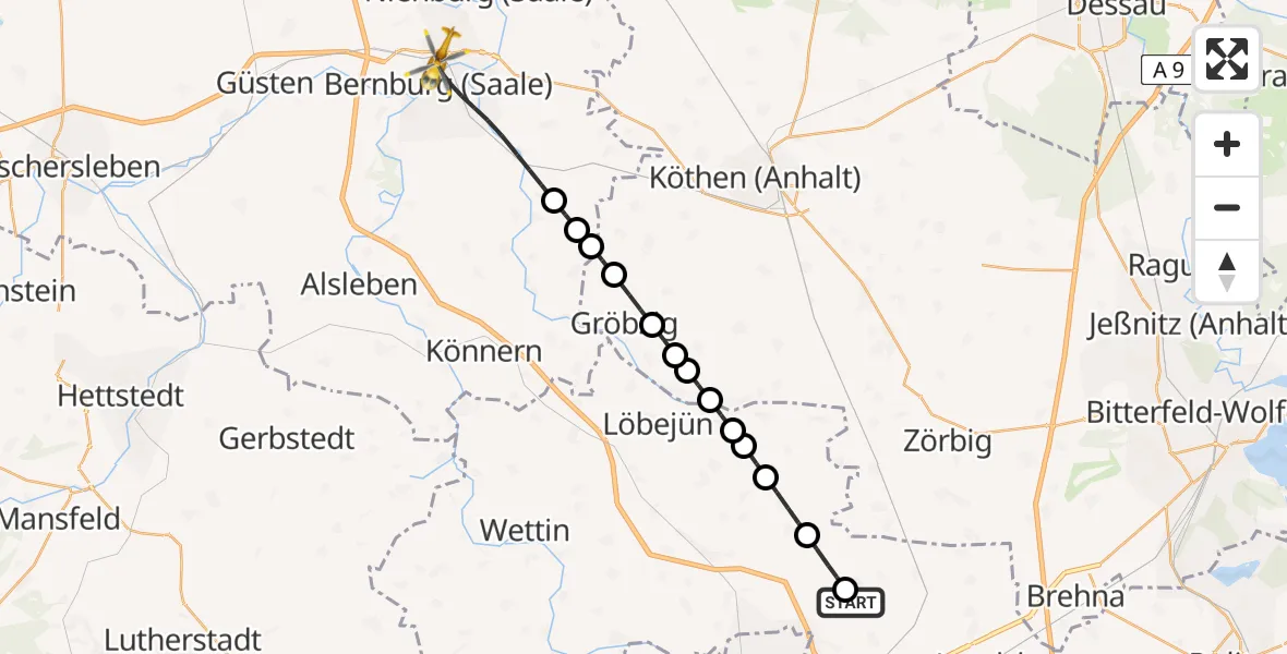 Flugroute Ambulanzhubschrauber Landsberg - Bernburg (Saale), 10 März 2026, 17:40