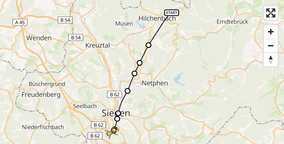 Flugroute Rettungshubschrauber Hilchenbach - Evangelisches Jung-Stilling Hospital, 10 März 2026, 17:45