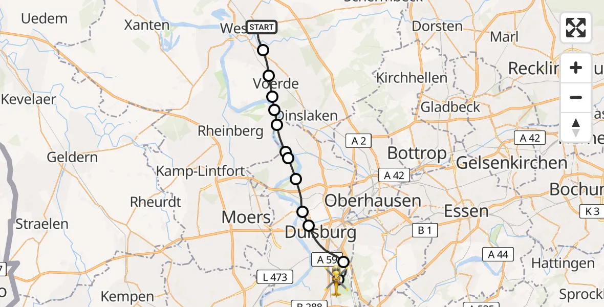 Flugroute Rettungshubschrauber Wesel - Duisburg Air Rescue Heliport (Christoph 9), 10 März 2026, 17:46