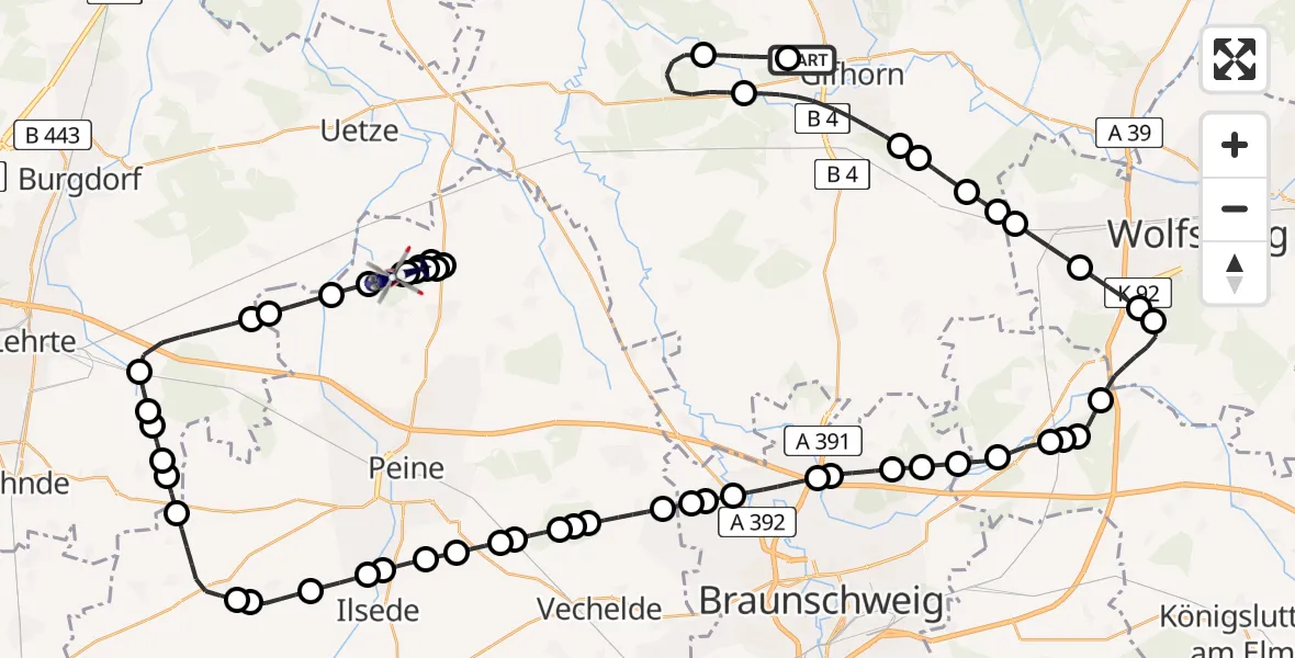 Flugroute Polizeihubschrauber Gifhorn Federal Police Heliport - Flugplatz Peine-Eddesse, 10 März 2026, 17:58