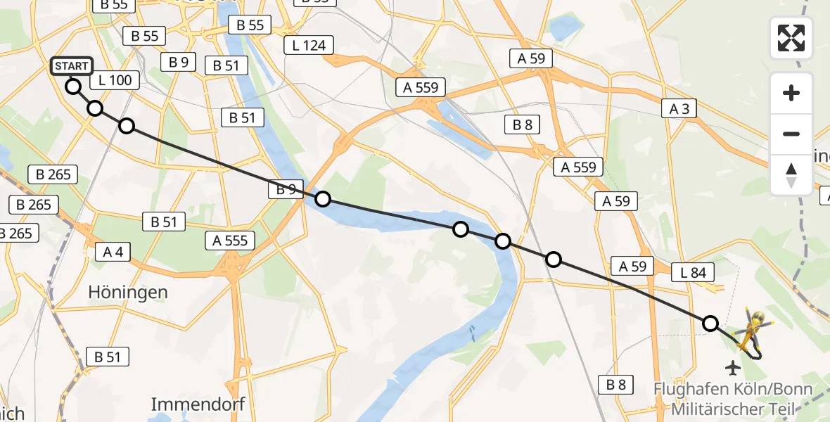 Flugroute Rettungshubschrauber Köln University Hospital - Cologne Bonn Airport, 10 März 2026, 18:19