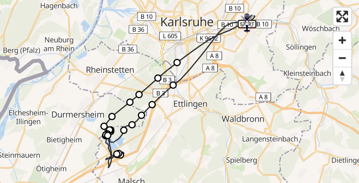Flugroute Polizeihubschrauber Karlsruhe - Karlsruhe, 10 März 2026, 18:33