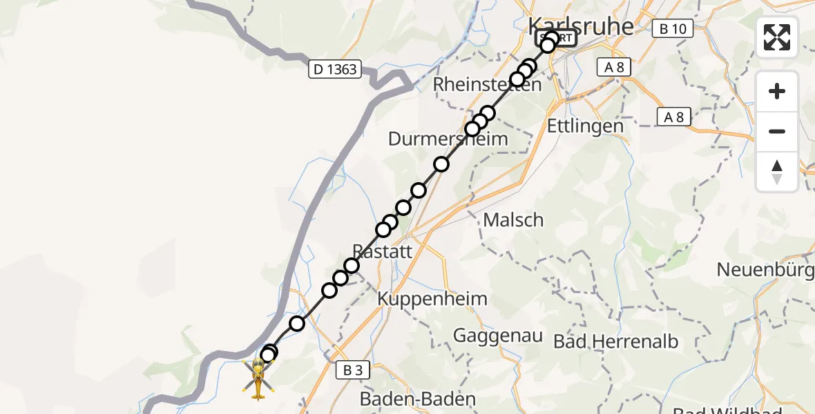 Flugroute Rettungshubschrauber Sankt Vincentius Hospital - Karlsruhe Baden-Baden Airport, 10 März 2026, 18:38