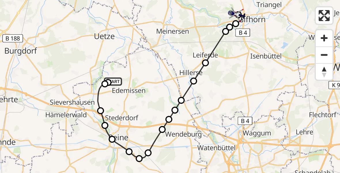 Flugroute Polizeihubschrauber Flugplatz Peine-Eddesse - Gifhorn Federal Police Heliport, 10 März 2026, 18:42