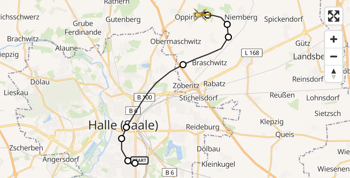 Flugroute Ambulanzhubschrauber BG Hospital Bergmannstrost Halle - Halle-Oppin Airfield, 10 März 2026, 19:06
