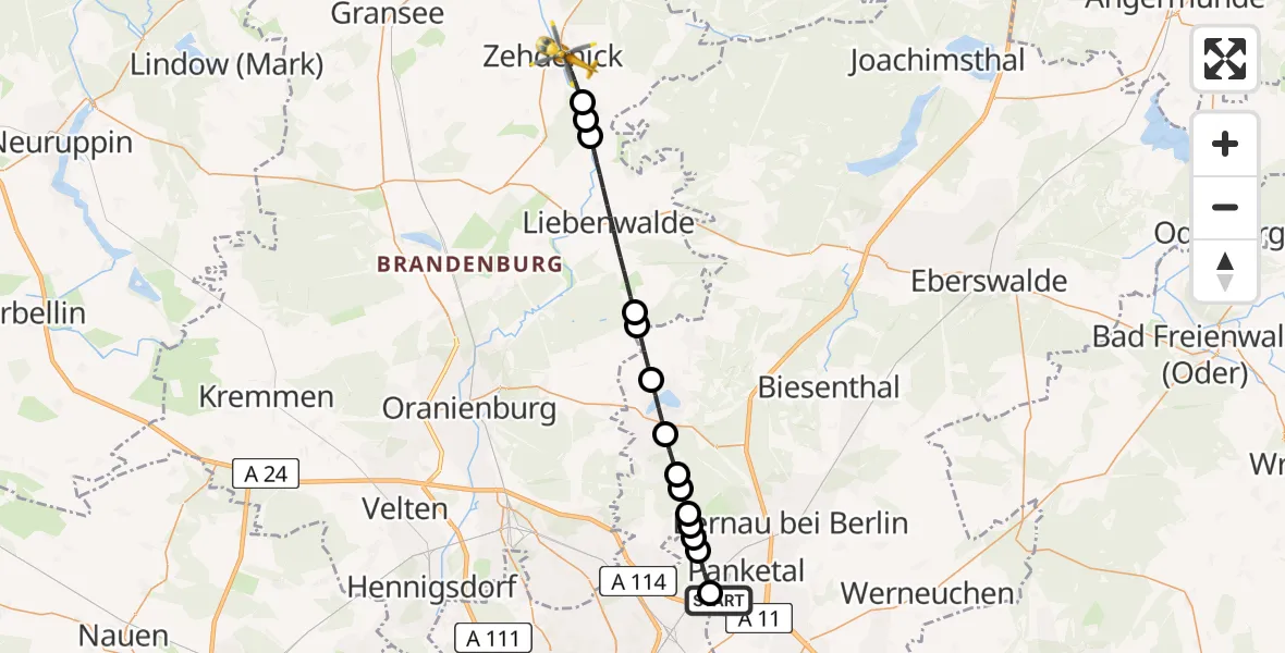 Flugroute Rettungshubschrauber Helios Clinic Berlin-Buch - Zehdenick, 10 März 2026, 19:32