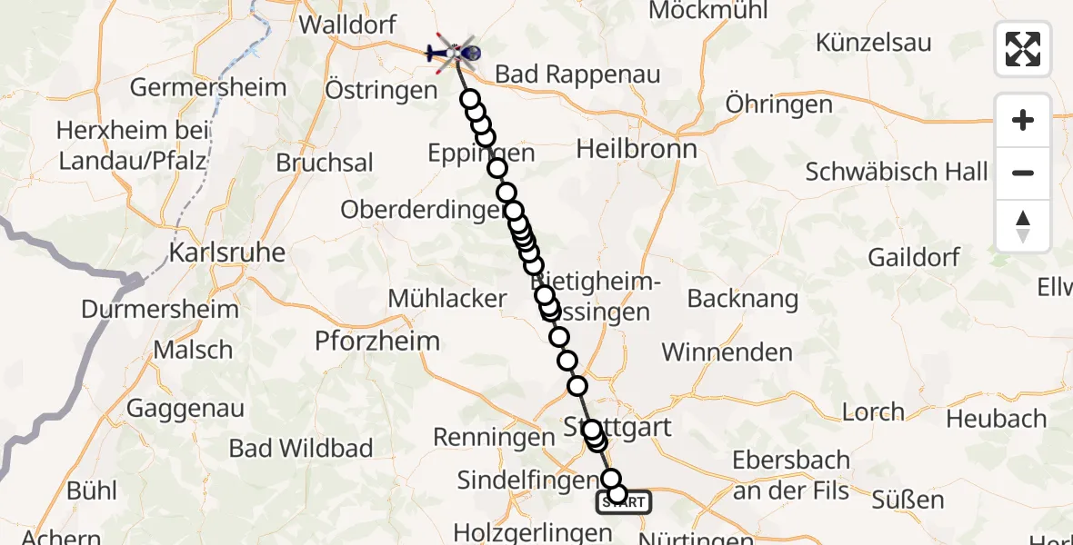 Flugroute Polizeihubschrauber Stuttgart Airport - Sinsheim, 10 März 2026, 19:34