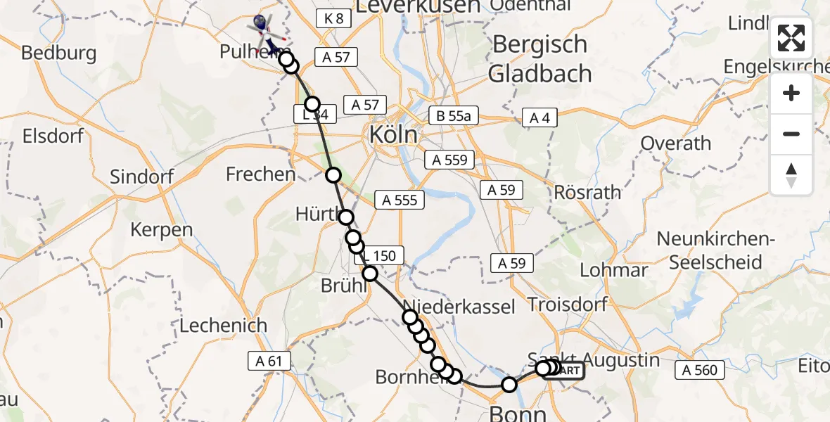 Routekaart van de vlucht: Polizeihubschrauber nach Pulheim, Adolph-von-Menzel-Straße
