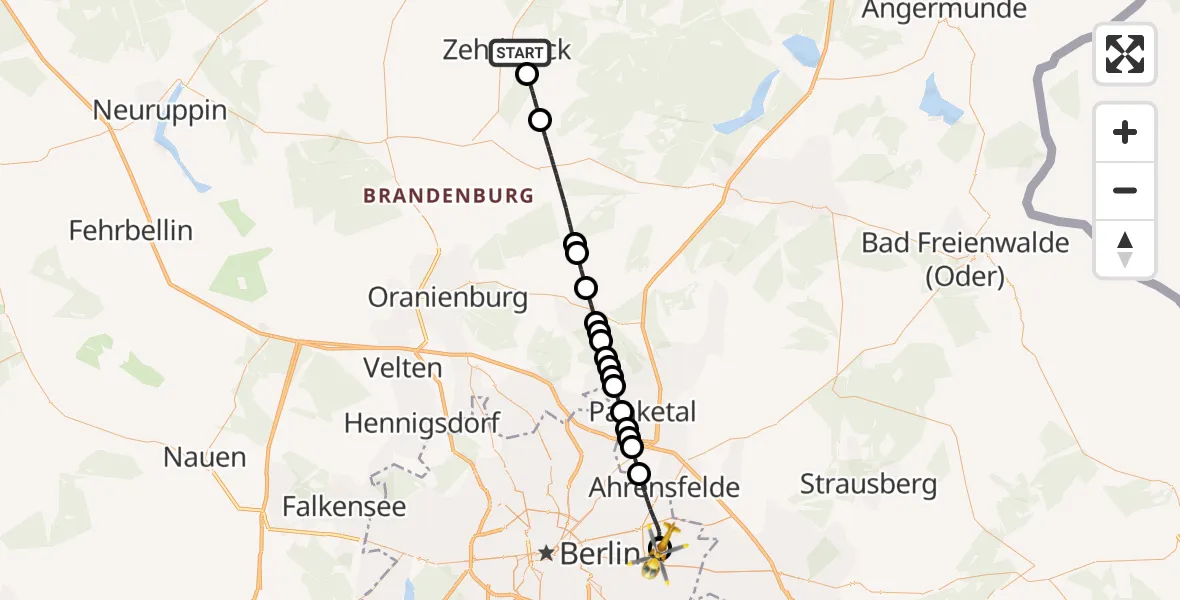 Flugroute Rettungshubschrauber Zehdenick - Berlin Emergency Hospital, 10 März 2026, 20:05