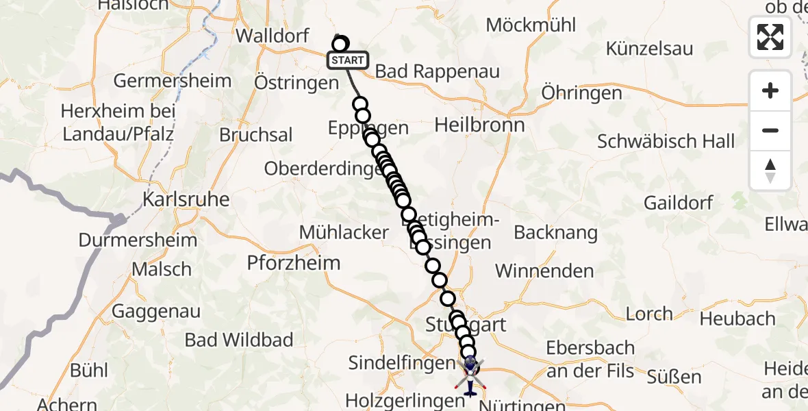 Flugroute Polizeihubschrauber Sinsheim - Stuttgart Airport, 10 März 2026, 20:12