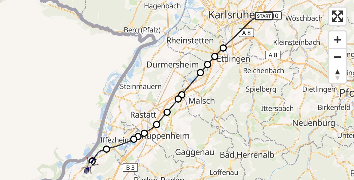 Routekaart van de vlucht: Polizeihubschrauber nach Karlsruhe Baden-Baden Airport