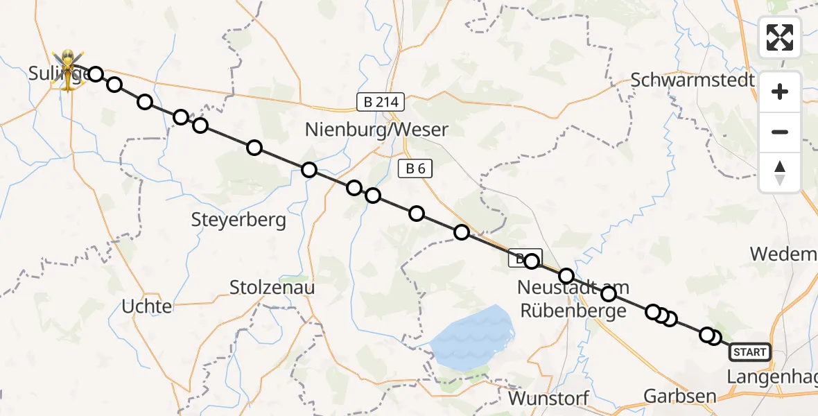 Flugroute Ambulanzhubschrauber Hannover Airport - Sulingen, 10 März 2026, 20:45