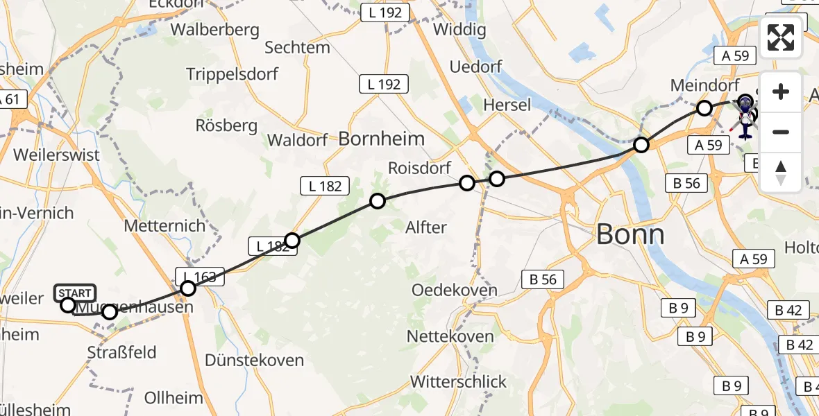 Flugroute Polizeihubschrauber Weilerswist UL - Sankt Augustin, 10 März 2026, 21:03