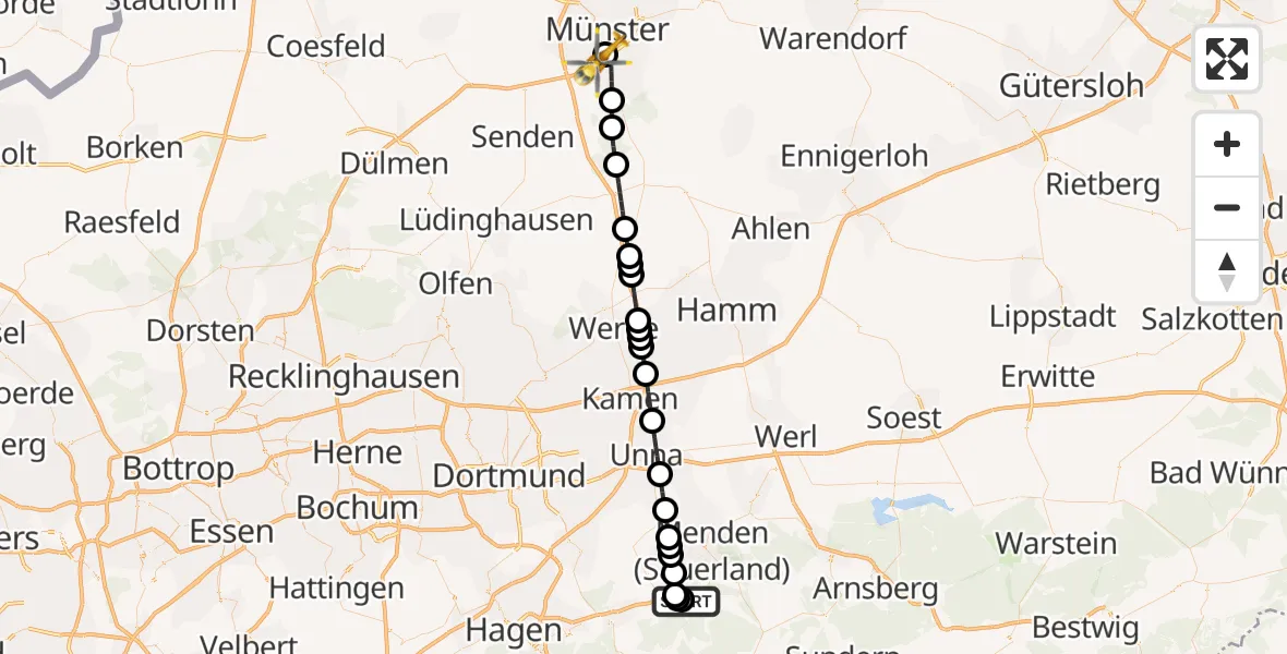 Flugroute Ambulanzhubschrauber Landhausen - Münster-Mitte, 10 März 2026, 21:53