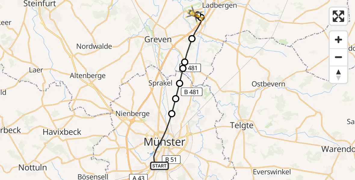 Flugroute Ambulanzhubschrauber Münster-Mitte - Christoph  Westfalen-ADAC, 10 März 2026, 22:30