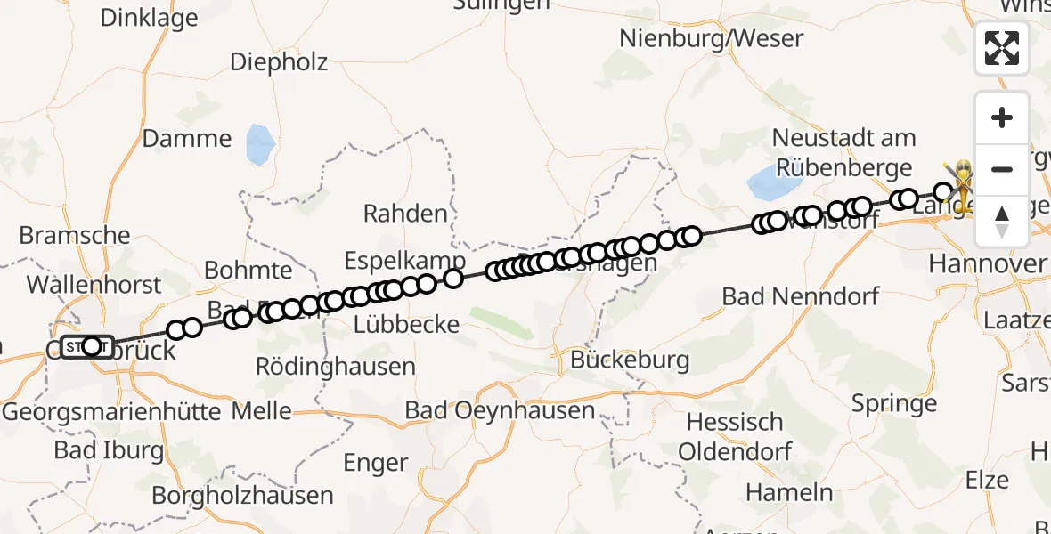 Flugroute Ambulanzhubschrauber Osnabrück Hospital - Hannover Airport, 10 März 2026, 23:10