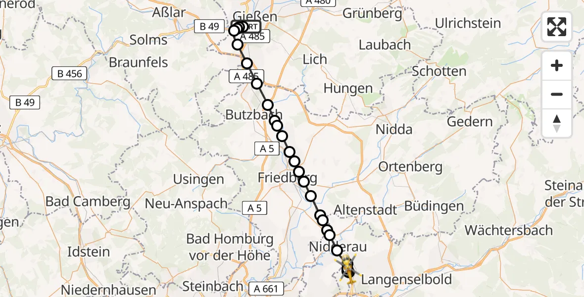 Flugroute Rettungshubschrauber Gießen - Mittelbuchen, 10 März 2026, 23:21