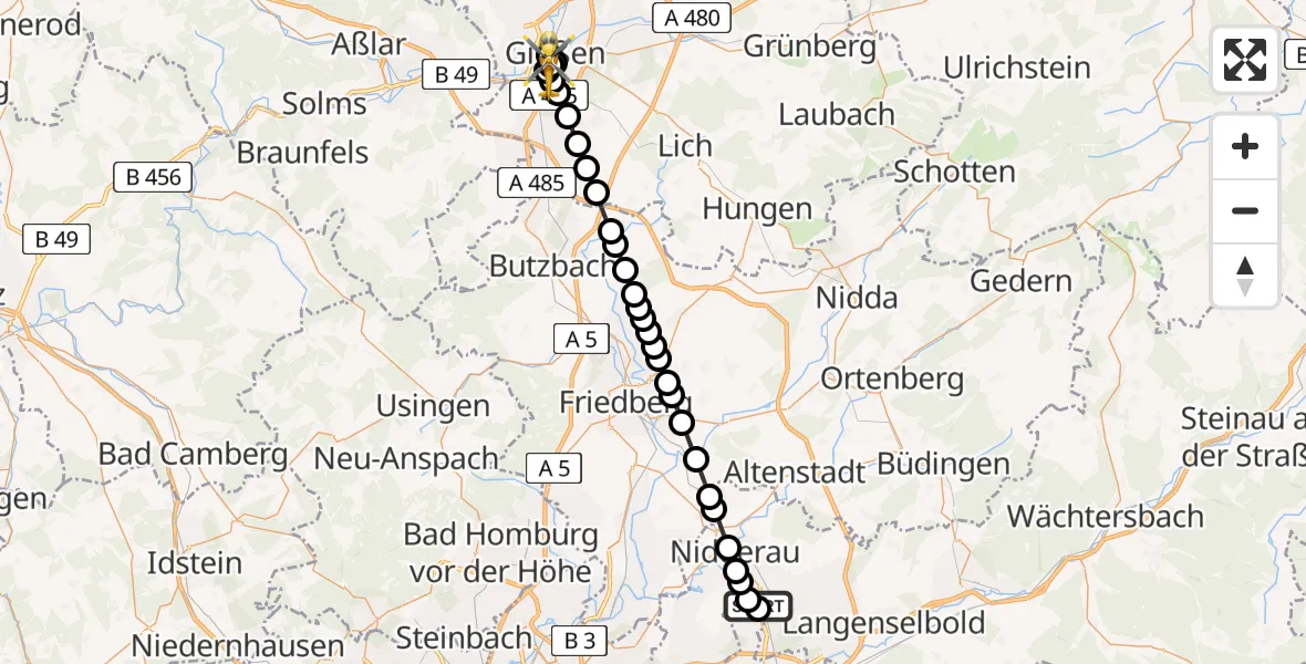 Routekaart van de vlucht: Rettungshubschrauber nach Gießen University Hospital