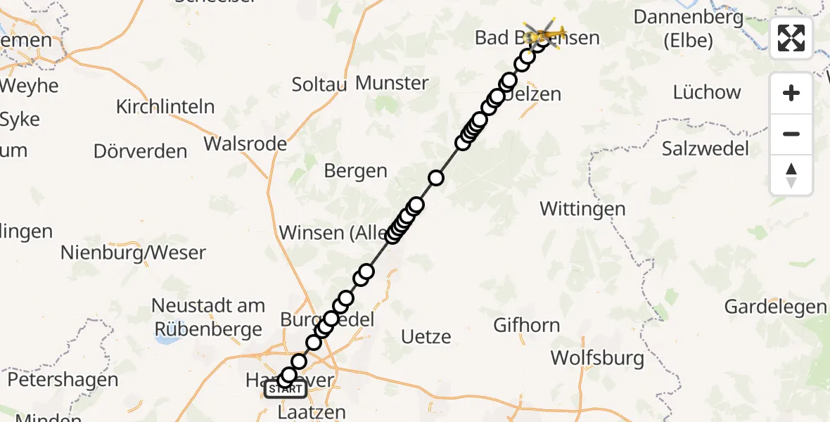 Flugroute Ambulanzhubschrauber Linden-Limmer - Bad Bevensen, 11 März 2026, 00:38