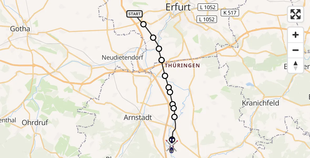 Flugroute Polizeihubschrauber Bindersleben - Görbitzhausen, 11 März 2026, 00:49