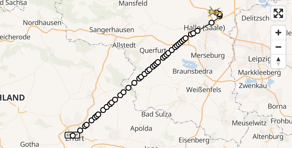 Flugroute Ambulanzhubschrauber Helios Clinic Erfurt - Halle-Oppin Airfield, 11 März 2026, 00:56