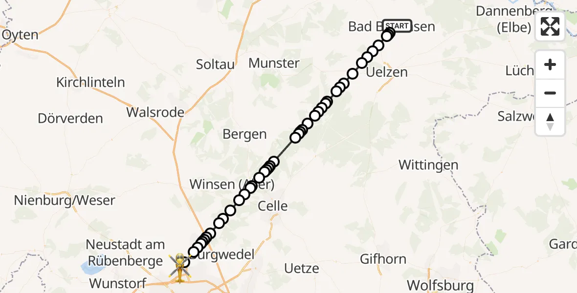 Flugroute Ambulanzhubschrauber Bad Bevensen - Hannover Airport, 11 März 2026, 01:40