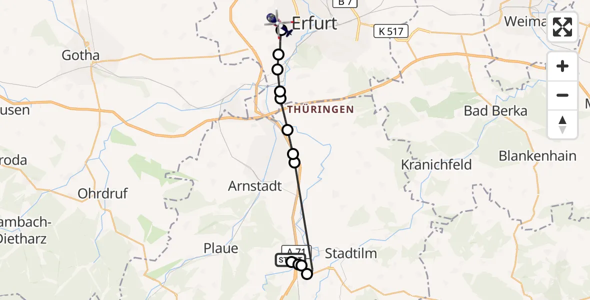 Flugroute Polizeihubschrauber Kettmannshausen - Erfurt, 11 März 2026, 02:07