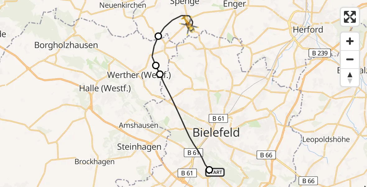 Flugroute Rettungshubschrauber Luftrettungszentrum Bielefeld - Spenge, 11 März 2026, 05:59