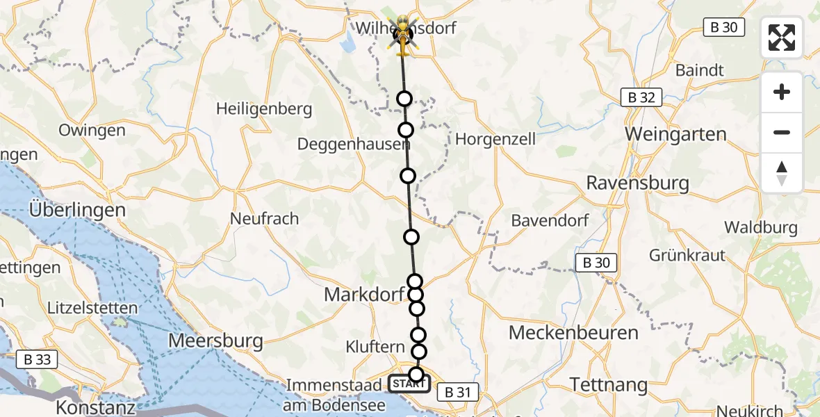 Flugroute Rettungshubschrauber Friedrichshafen Hospital - Niederweiler, 11 März 2026, 06:30