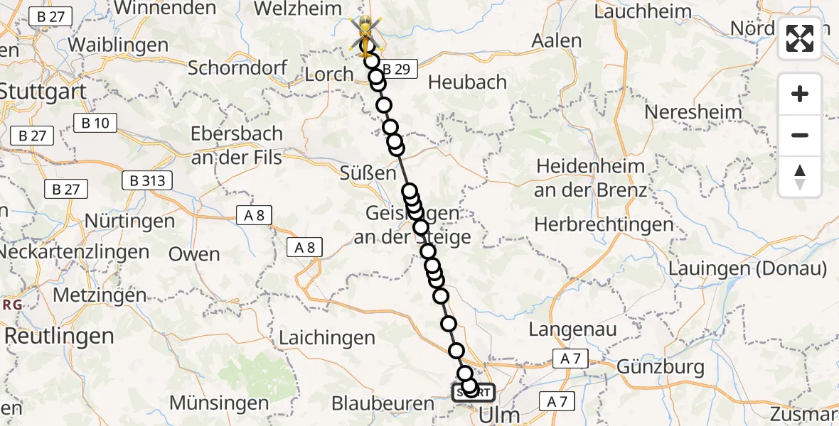 Flugroute Rettungshubschrauber Ulm Military Hospital Emergency - Pfahlbronn, 11 März 2026, 06:41