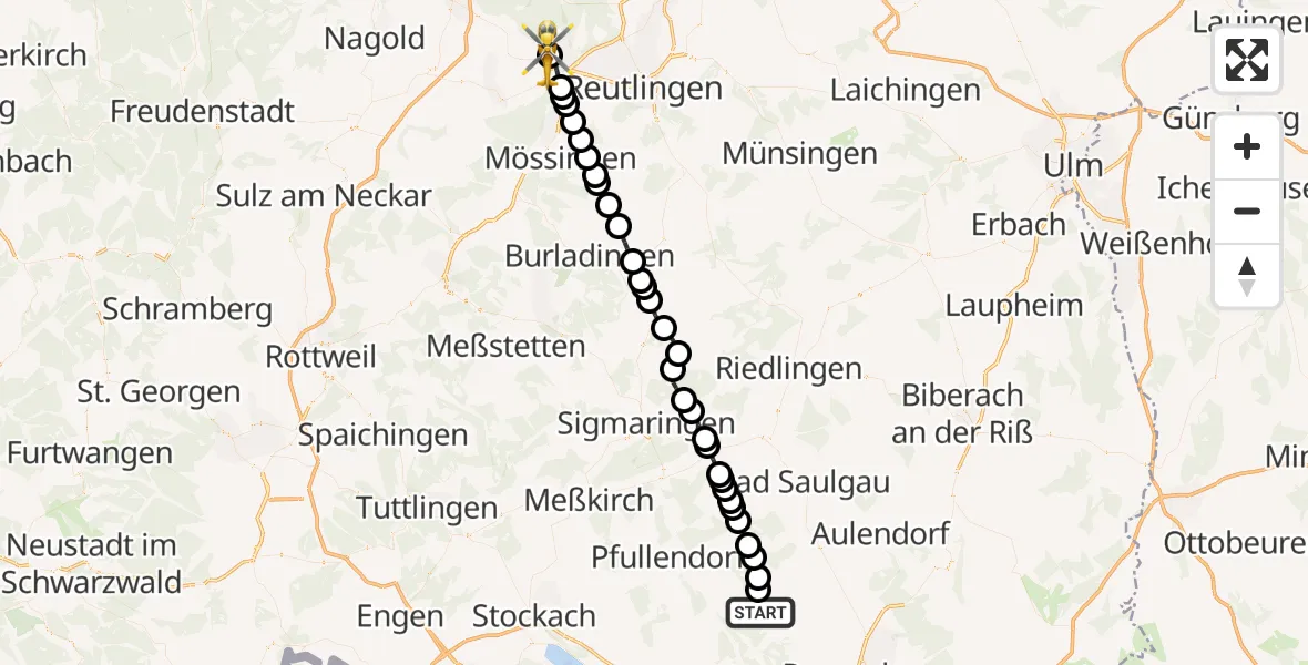 Flugroute Rettungshubschrauber Niederweiler - Tübingen University Hospital, 11 März 2026, 07:11