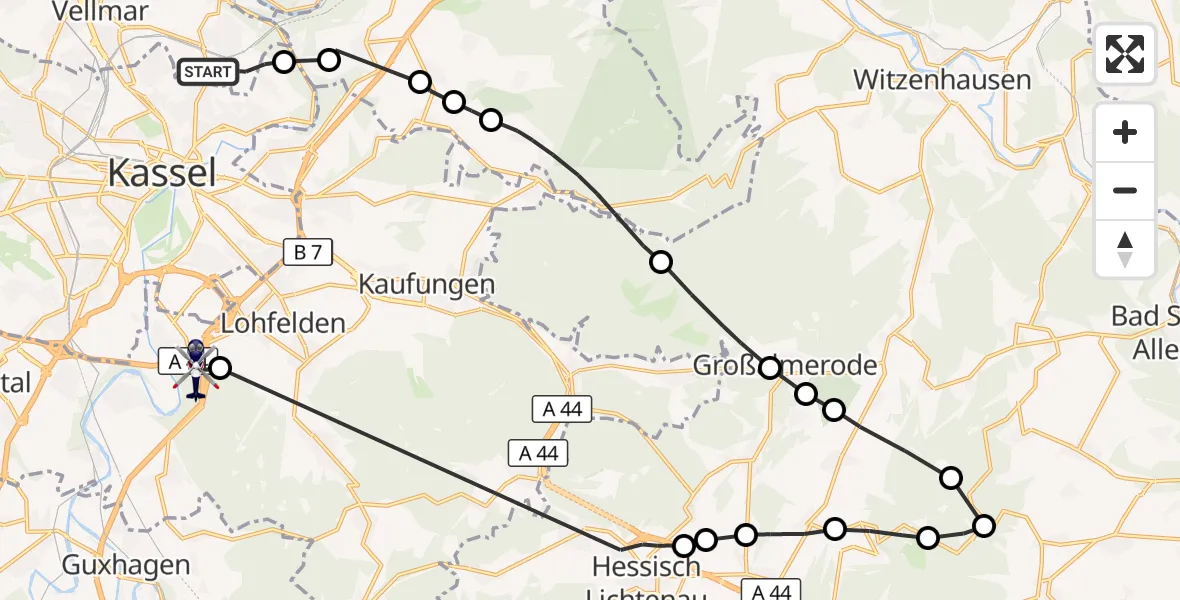 Flugroute Polizeihubschrauber Ihringshausen - Bergshausen, 11 März 2026, 07:12