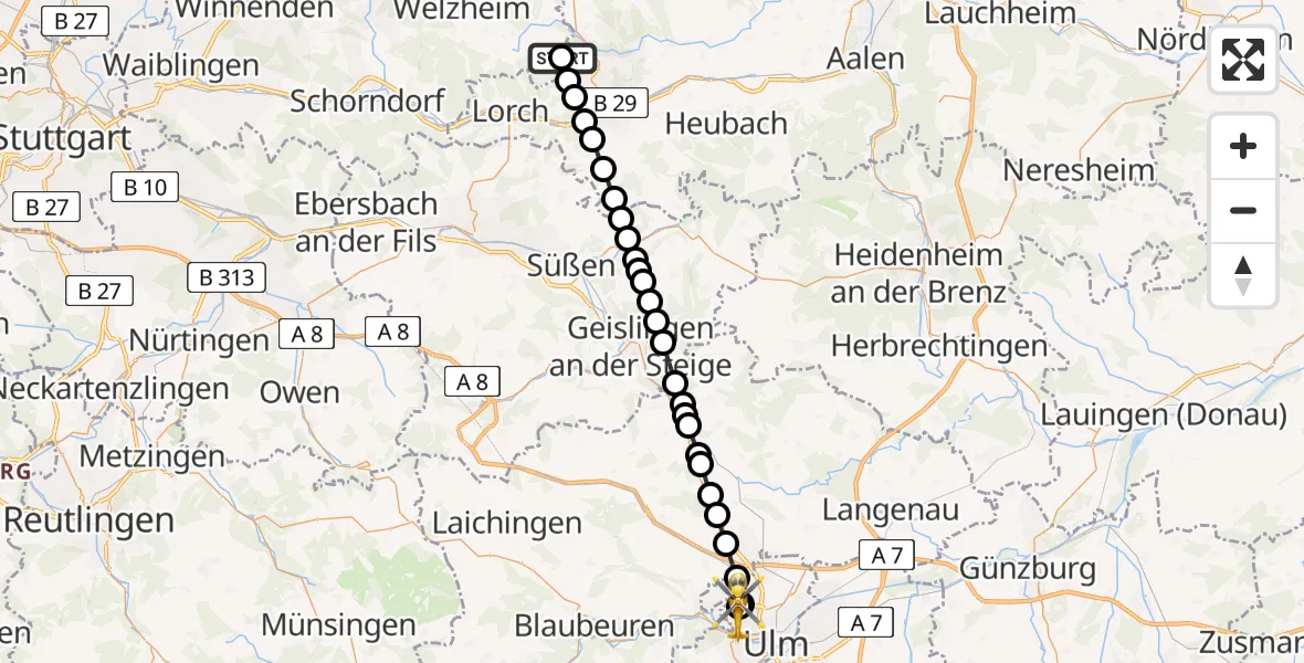 Routekaart van de vlucht: Rettungshubschrauber nach Ulm Military Hospital Emergency