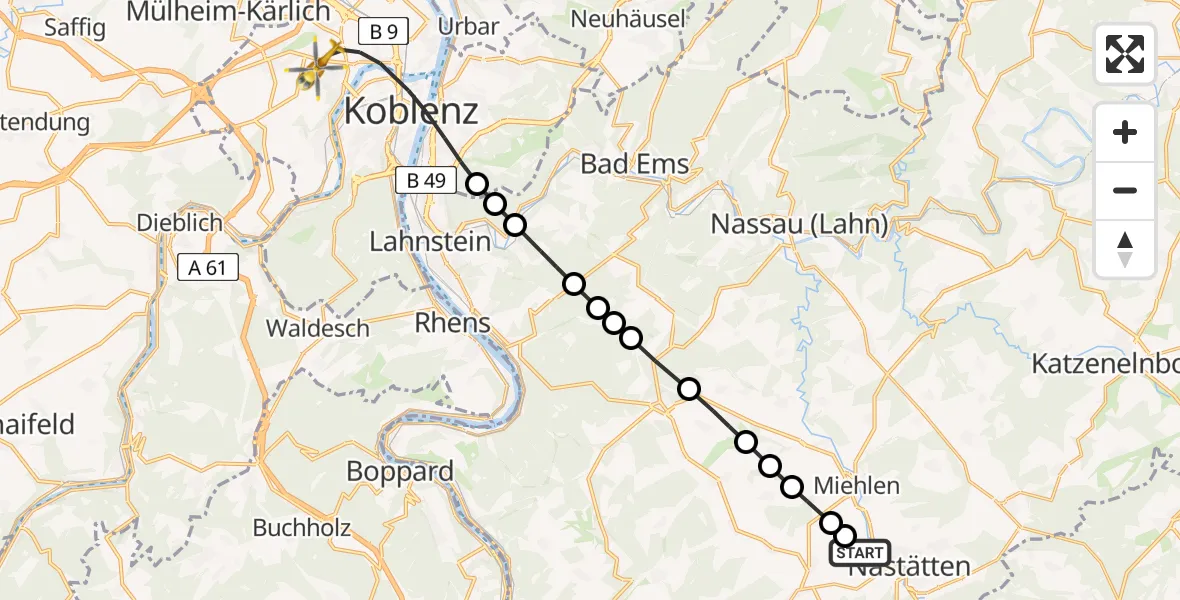 Routekaart van de vlucht: Rettungshubschrauber nach Koblenz, Rübenacher Straße