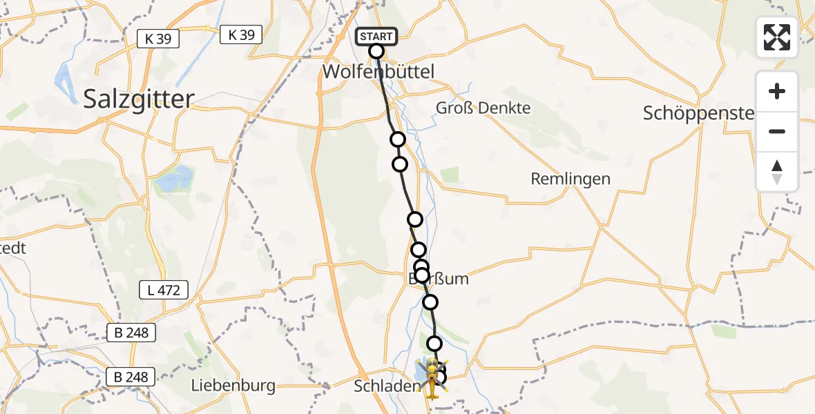 Flugroute Rettungshubschrauber Wolfenbüttel Municipal Hospital Heliport (Christoph 30) - Isingerode, 11 März 2026, 07:34