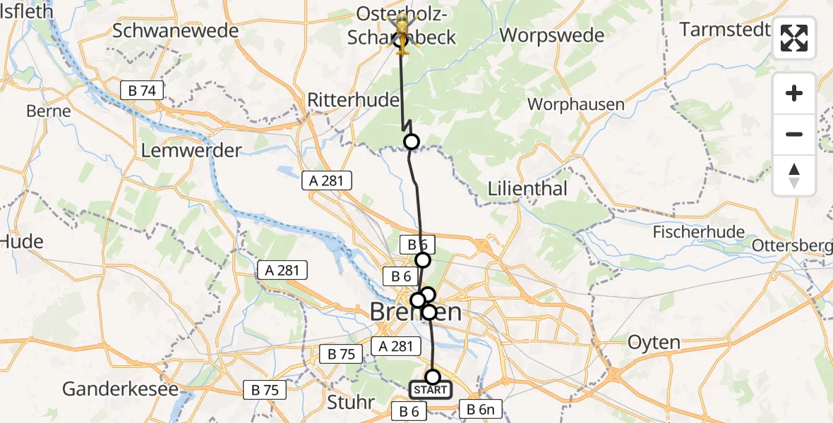 Flugroute Rettungshubschrauber ADAC Air Rescue Station Bremen Heliport (Christoph 6) - Osterholz, 11 März 2026, 07:48