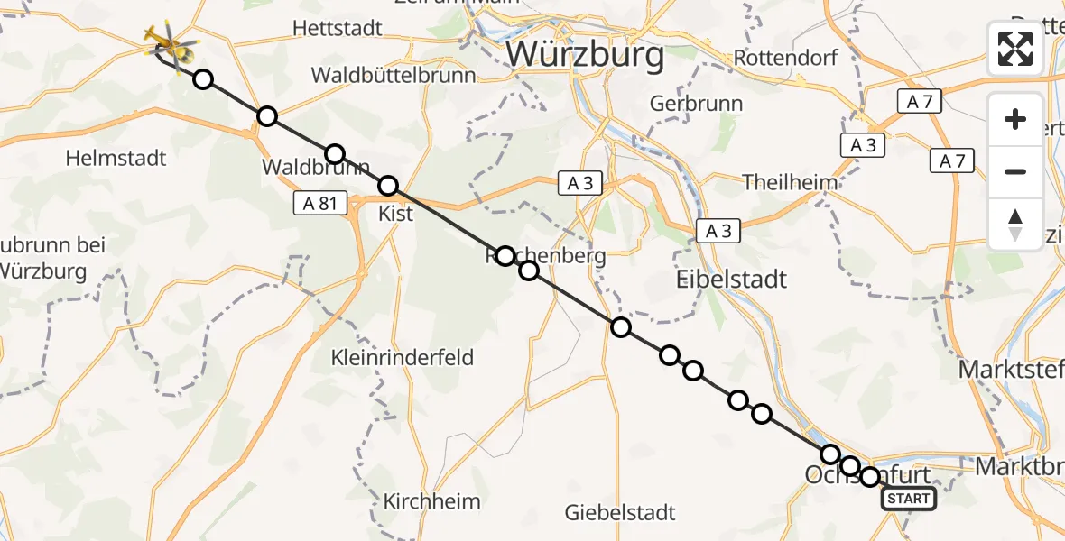 Flugroute Rettungshubschrauber Ochsenfurt Hospital - Uettingen, 11 März 2026, 07:48
