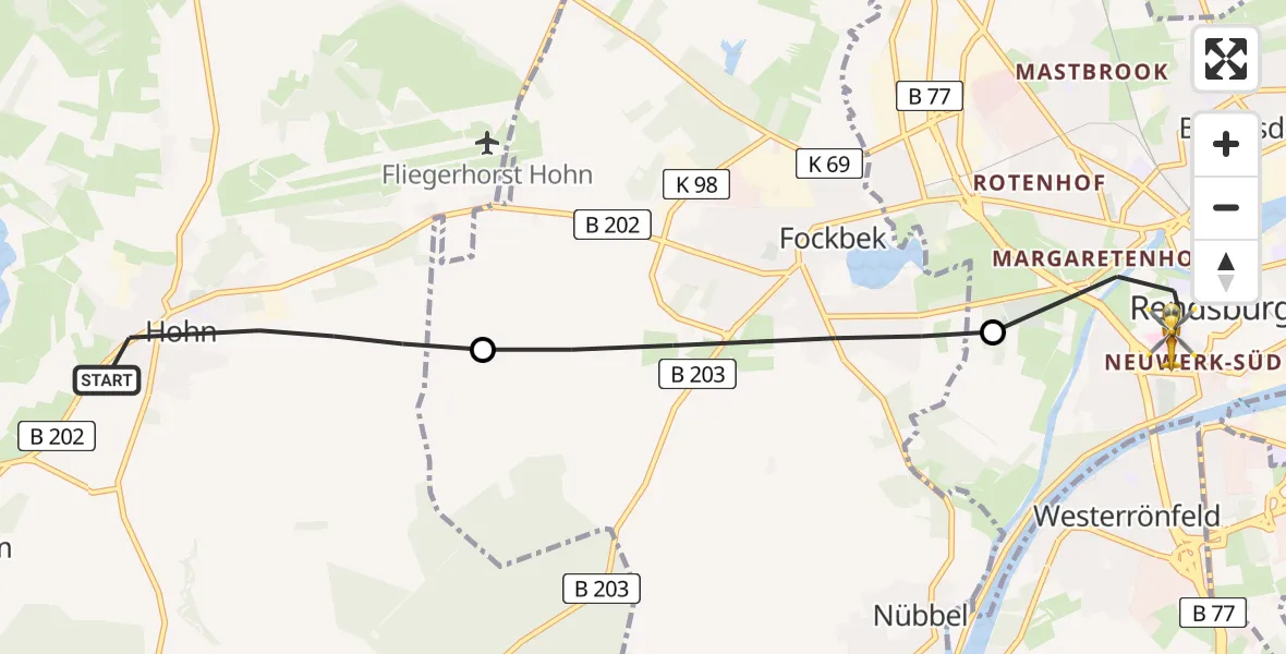 Flugroute Rettungshubschrauber Hohn - Rendsburg, 11 März 2026, 07:50