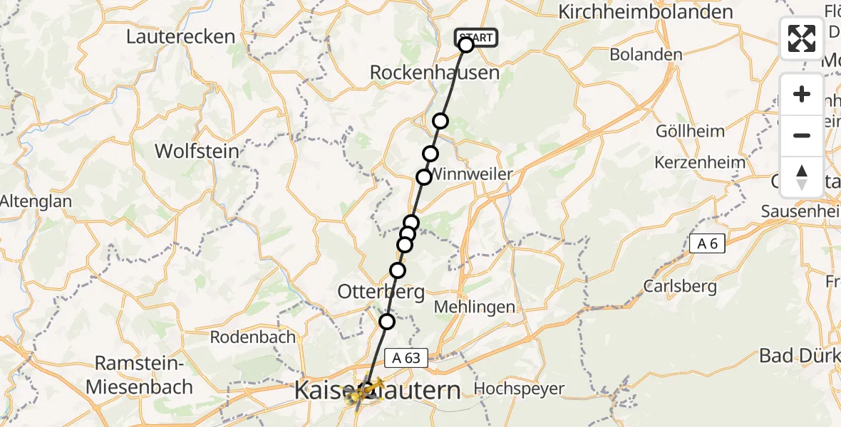 Flugroute Rettungshubschrauber Würzweiler - Westpfalz Hospital Kaiserslautern, 11 März 2026, 07:54